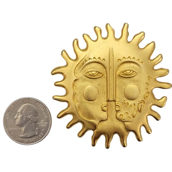 Maxine Denker Gold Tone Sun Face Brooch Pin, Signed K585 - Picture 6 of 8